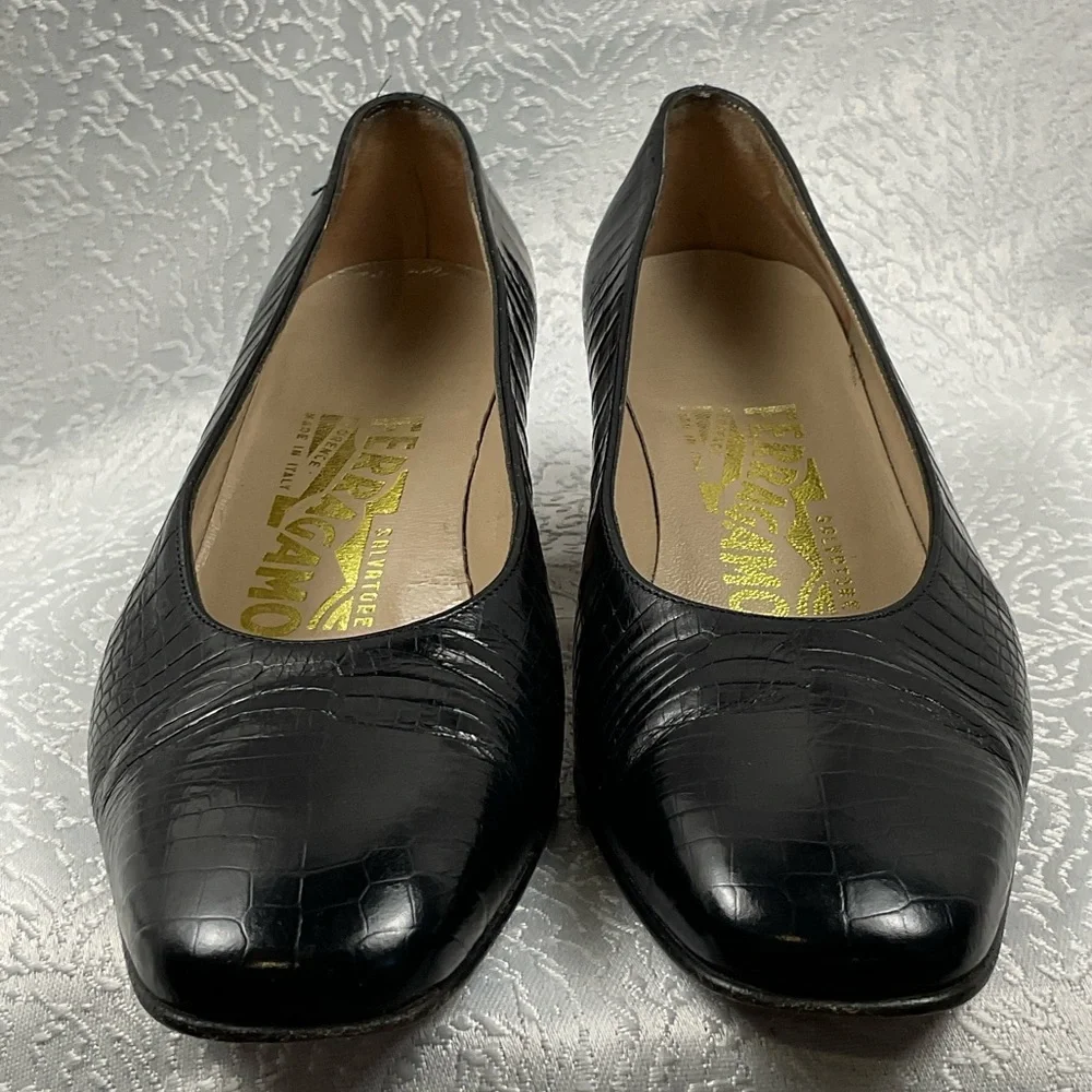 Salvatore Ferragamo Black‎ Croc-Embossed Heels